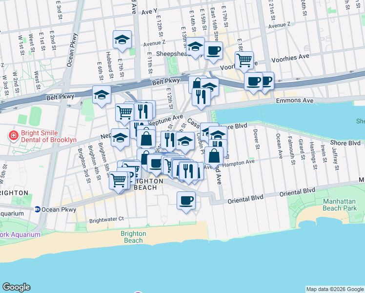 map of restaurants, bars, coffee shops, grocery stores, and more near 2942 Brighton 12th Street in Brooklyn