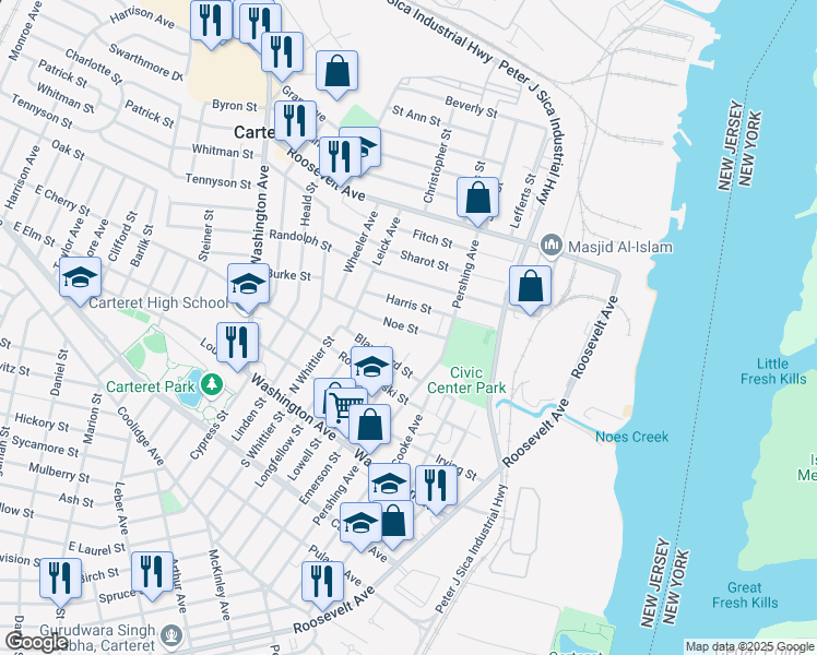 map of restaurants, bars, coffee shops, grocery stores, and more near 18 Harris Street in Carteret