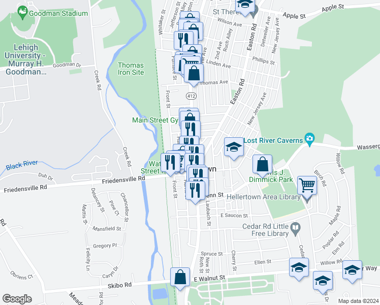 map of restaurants, bars, coffee shops, grocery stores, and more near 36 Hampton Avenue in Hellertown
