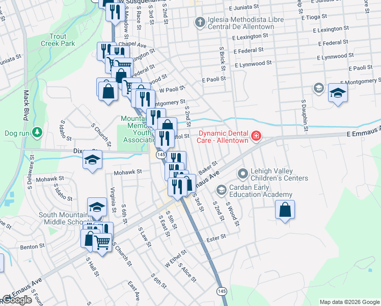 map of restaurants, bars, coffee shops, grocery stores, and more near 1869 South 2nd Street in Allentown