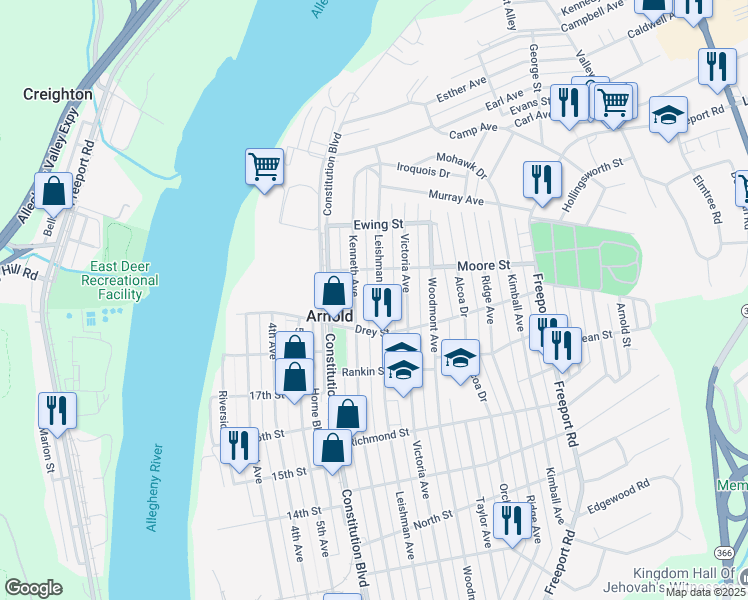 map of restaurants, bars, coffee shops, grocery stores, and more near 1932 Kenneth Avenue in New Kensington