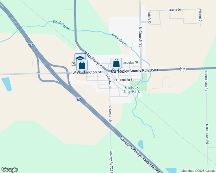 map of restaurants, bars, coffee shops, grocery stores, and more near 102 West Franklin Street in Carlock
