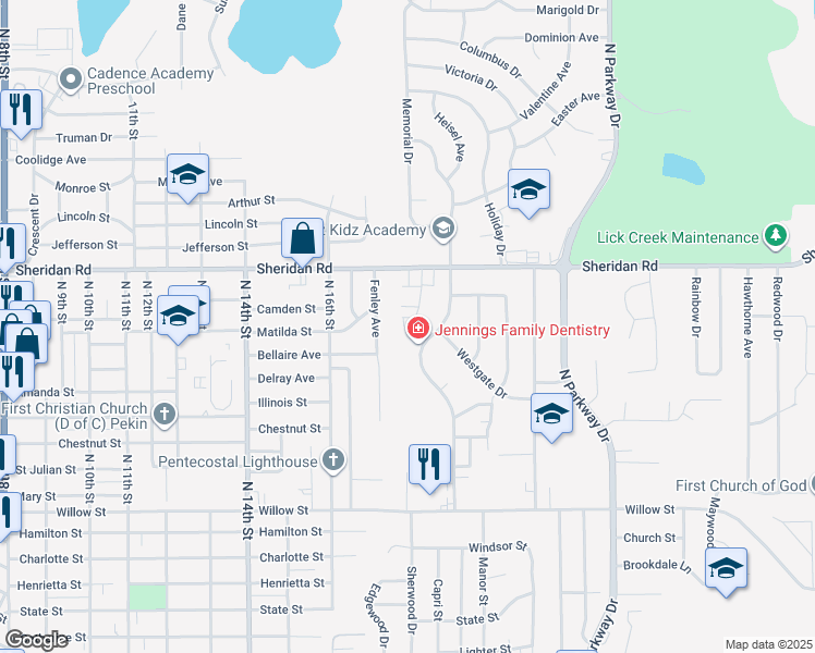 map of restaurants, bars, coffee shops, grocery stores, and more near 1513 Sara Lane in Pekin