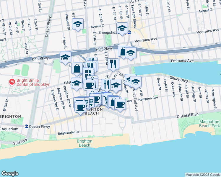 map of restaurants, bars, coffee shops, grocery stores, and more near 79 Brighton 11th Street in Brooklyn