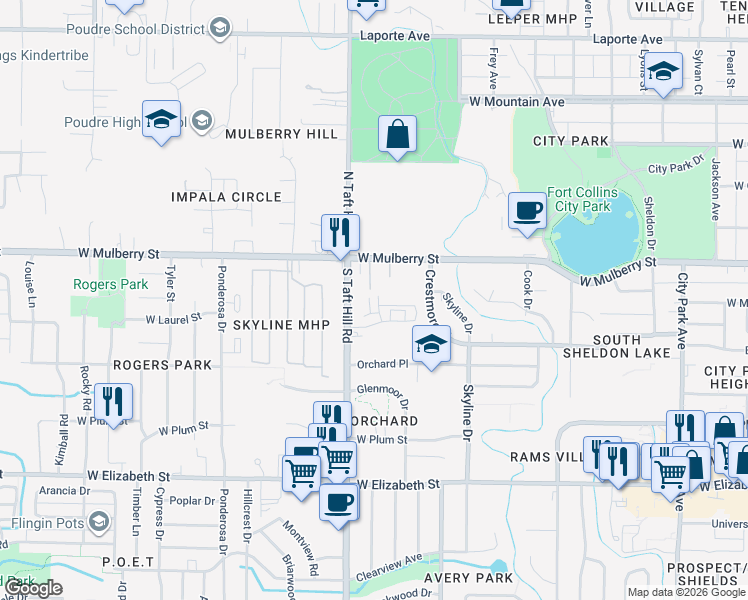 map of restaurants, bars, coffee shops, grocery stores, and more near 581 Ebon Pica Street in Fort Collins