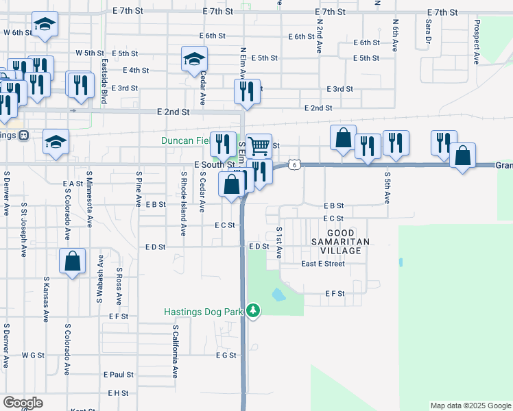map of restaurants, bars, coffee shops, grocery stores, and more near 401 South Elm Avenue in Hastings