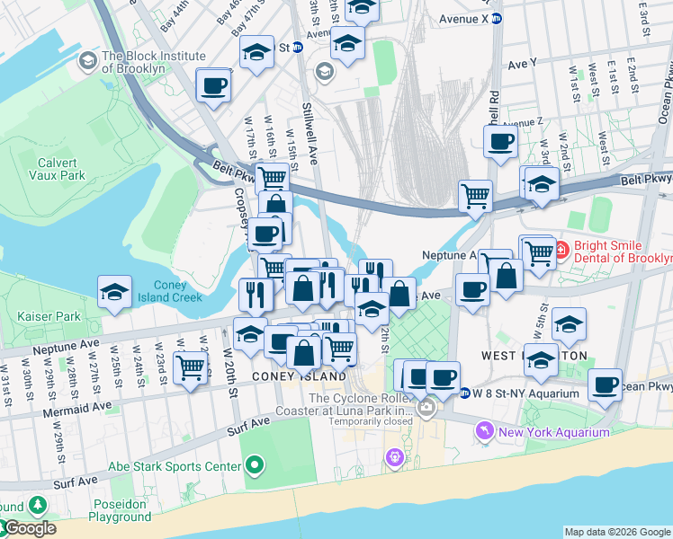 map of restaurants, bars, coffee shops, grocery stores, and more near 2725 Stillwell Avenue in Brooklyn