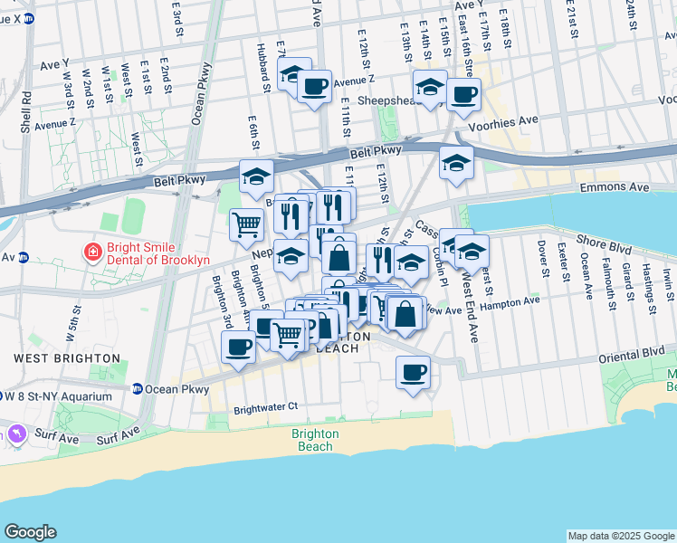 map of restaurants, bars, coffee shops, grocery stores, and more near 5 Brighton 10th Terrace in Brooklyn