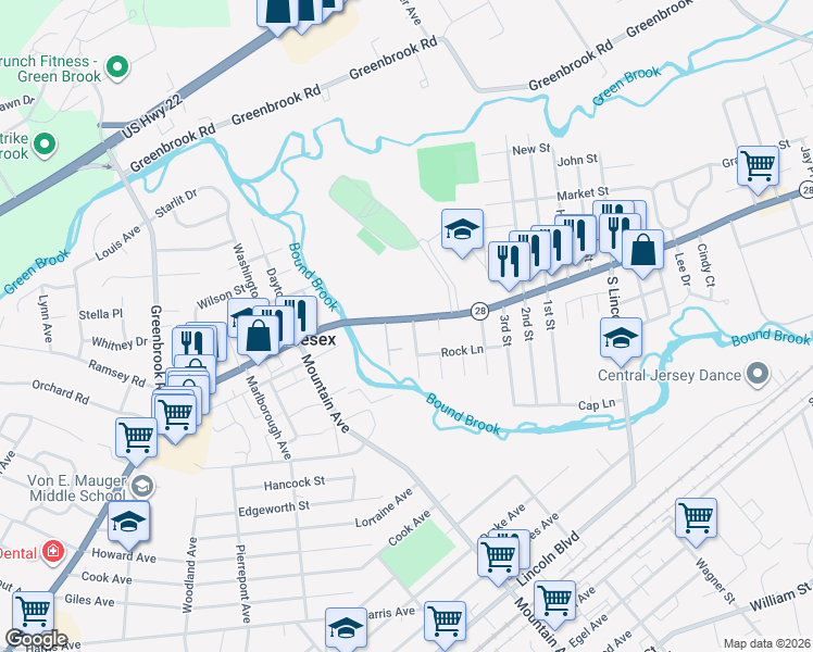 map of restaurants, bars, coffee shops, grocery stores, and more near 748 Bound Brook Road in Middlesex