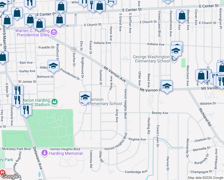 map of restaurants, bars, coffee shops, grocery stores, and more near 510 Hane Avenue in Marion