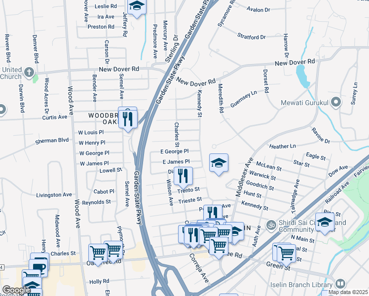 map of restaurants, bars, coffee shops, grocery stores, and more near 237 East George Place in Woodbridge Township
