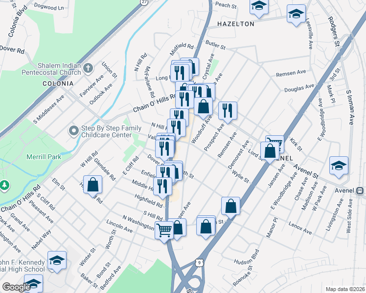 map of restaurants, bars, coffee shops, grocery stores, and more near 505 Wylie Street in Woodbridge Township