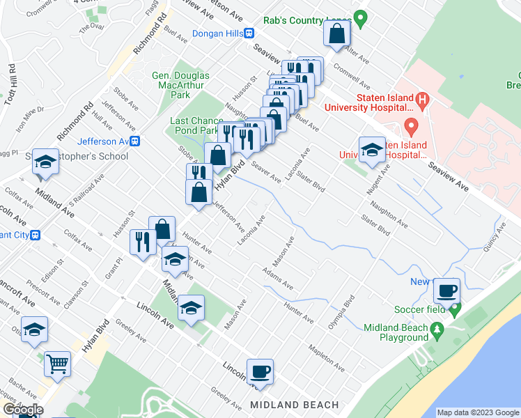 map of restaurants, bars, coffee shops, grocery stores, and more near 629 Laconia Avenue in Staten Island