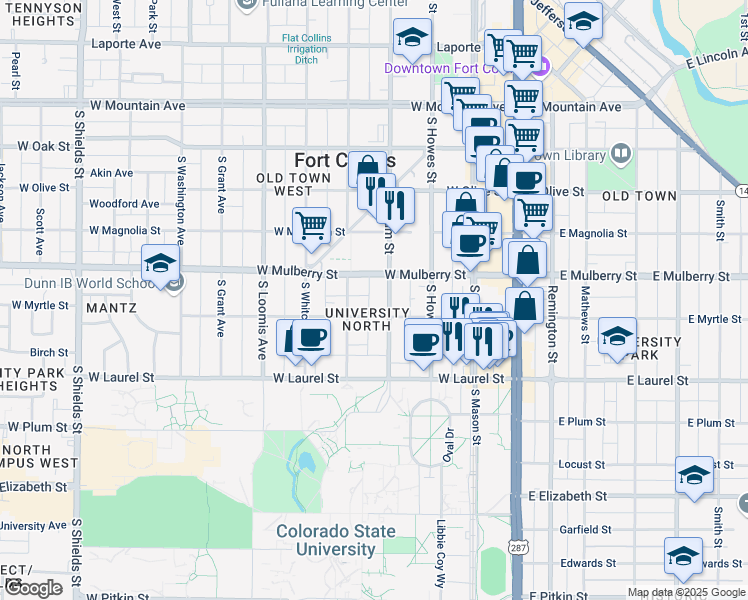 map of restaurants, bars, coffee shops, grocery stores, and more near 519 South Meldrum Street in Fort Collins
