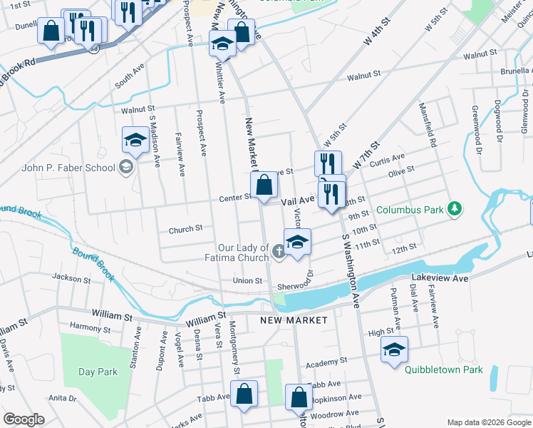 map of restaurants, bars, coffee shops, grocery stores, and more near 424 New Market Road in Piscataway