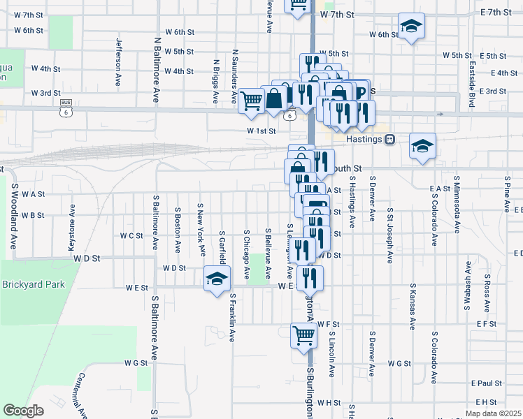 map of restaurants, bars, coffee shops, grocery stores, and more near 302-398 South Bellevue Avenue in Hastings