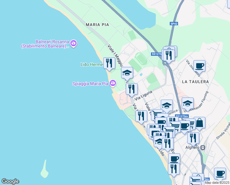 map of restaurants, bars, coffee shops, grocery stores, and more near 2 Viale I Maggio in Alghero