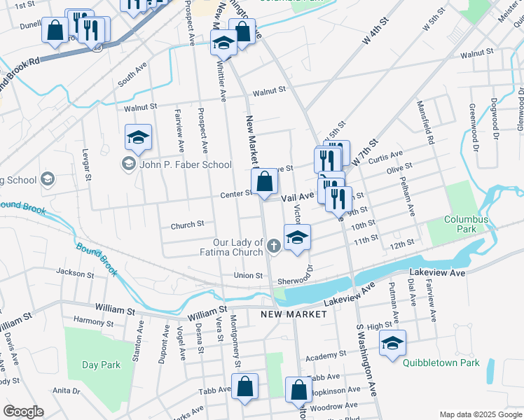 map of restaurants, bars, coffee shops, grocery stores, and more near 432 New Market Road in Piscataway Township
