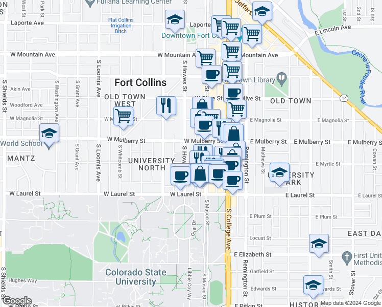 map of restaurants, bars, coffee shops, grocery stores, and more near 209 West Mulberry Street in Fort Collins
