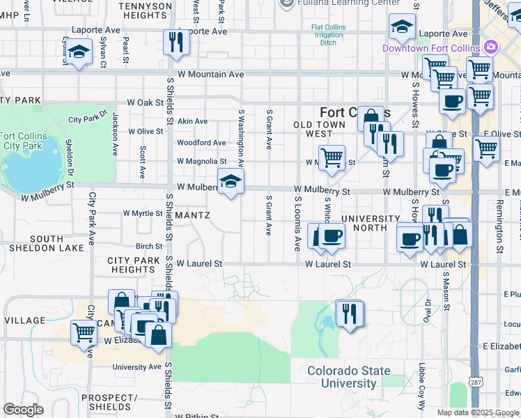 map of restaurants, bars, coffee shops, grocery stores, and more near 511 South Grant Avenue in Fort Collins