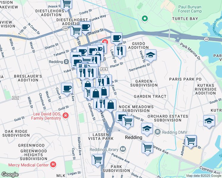 map of restaurants, bars, coffee shops, grocery stores, and more near 1937 East Street in Redding