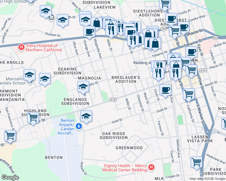map of restaurants, bars, coffee shops, grocery stores, and more near 1604 Willis Street in Redding