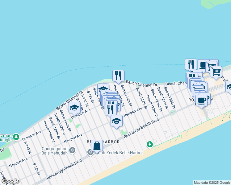 map of restaurants, bars, coffee shops, grocery stores, and more near 5-34 Beach 128th Street in Queens