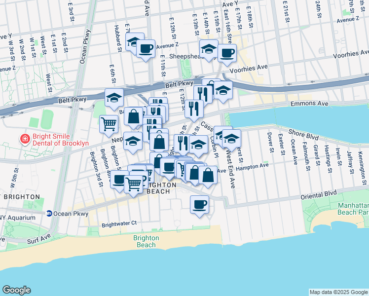 map of restaurants, bars, coffee shops, grocery stores, and more near 76 Brighton 11th Street in Brooklyn
