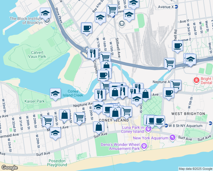 map of restaurants, bars, coffee shops, grocery stores, and more near 2717 West 16th Street in Brooklyn