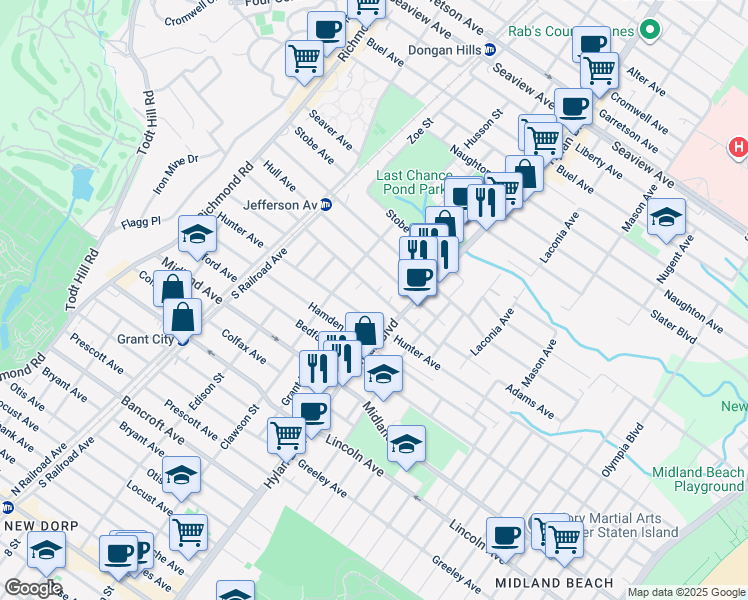 map of restaurants, bars, coffee shops, grocery stores, and more near 194 Adams Avenue in Staten Island