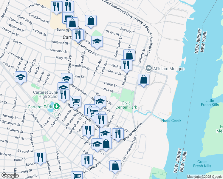 map of restaurants, bars, coffee shops, grocery stores, and more near 18 Harris Street in Carteret