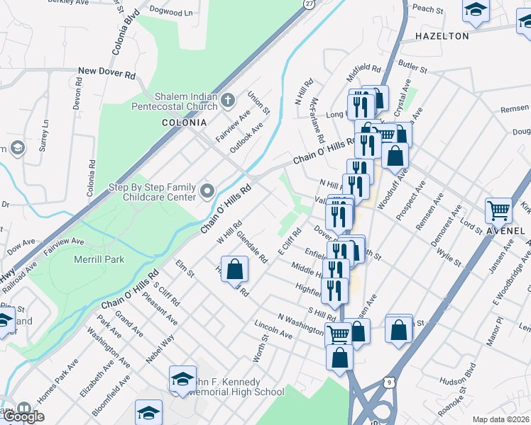 map of restaurants, bars, coffee shops, grocery stores, and more near 107 West Hill Road in Woodbridge Township