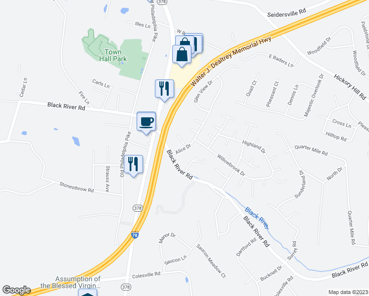 map of restaurants, bars, coffee shops, grocery stores, and more near 14 Alice Drive in Bethlehem