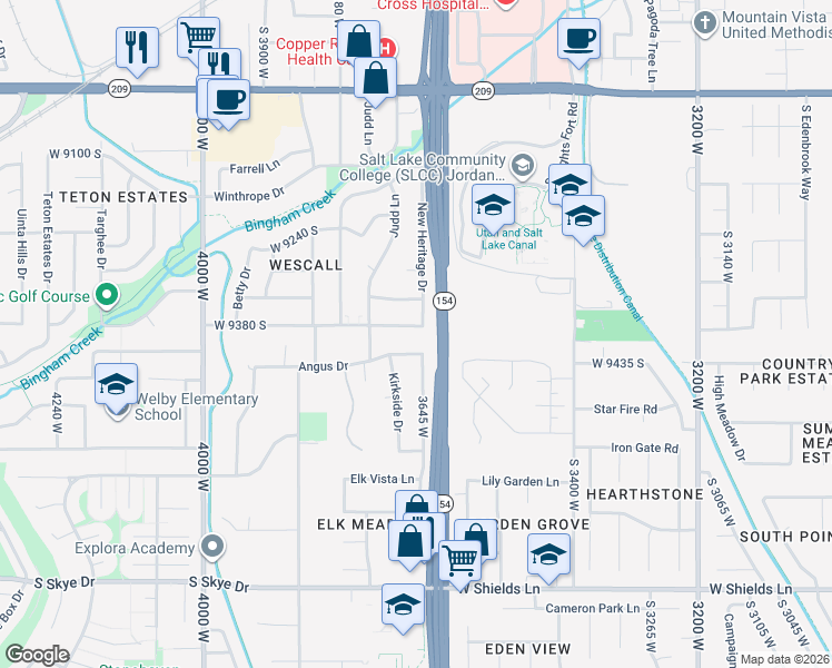 map of restaurants, bars, coffee shops, grocery stores, and more near 9366 New Heritage Drive in West Jordan