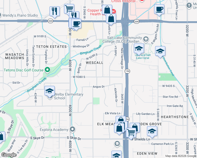 map of restaurants, bars, coffee shops, grocery stores, and more near 3843 9380 South in West Jordan
