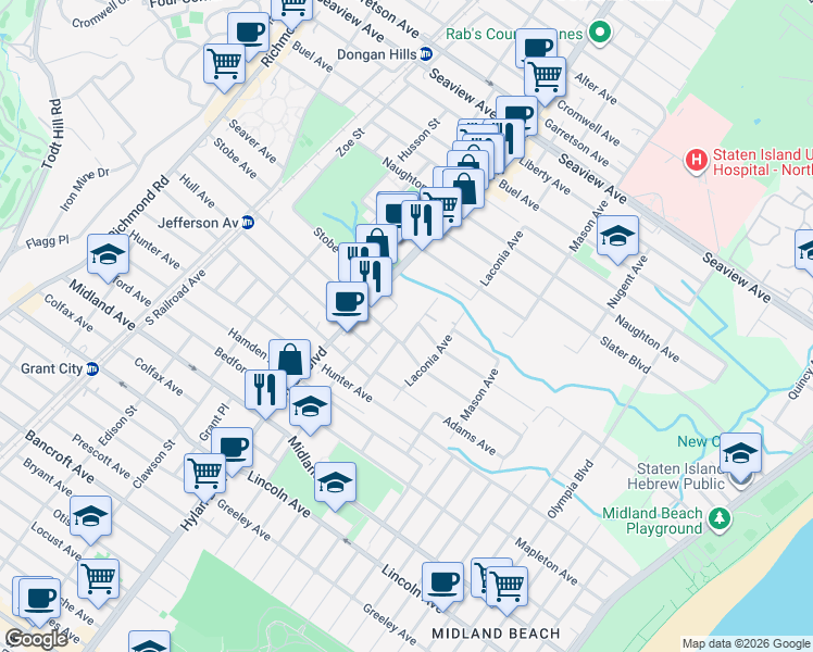 map of restaurants, bars, coffee shops, grocery stores, and more near 46 Boundary Avenue in Staten Island