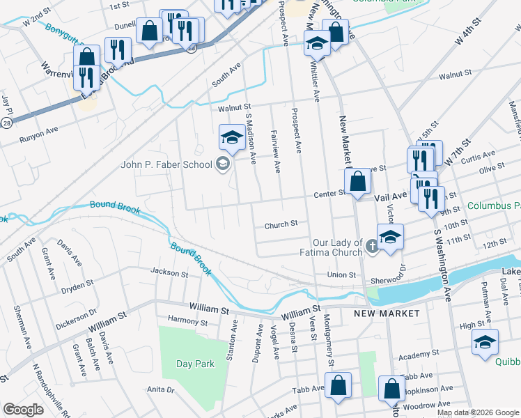 map of restaurants, bars, coffee shops, grocery stores, and more near 744 Center Street in Dunellen