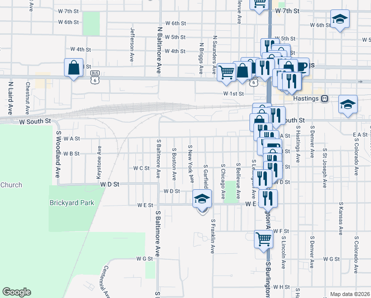 map of restaurants, bars, coffee shops, grocery stores, and more near 319 South Boston Avenue in Hastings