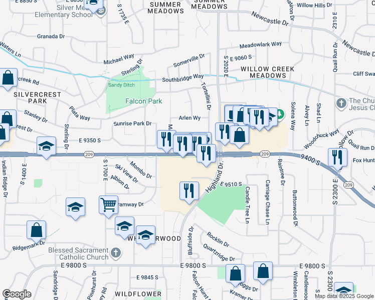 map of restaurants, bars, coffee shops, grocery stores, and more near 1901 East 9400 South in Sandy