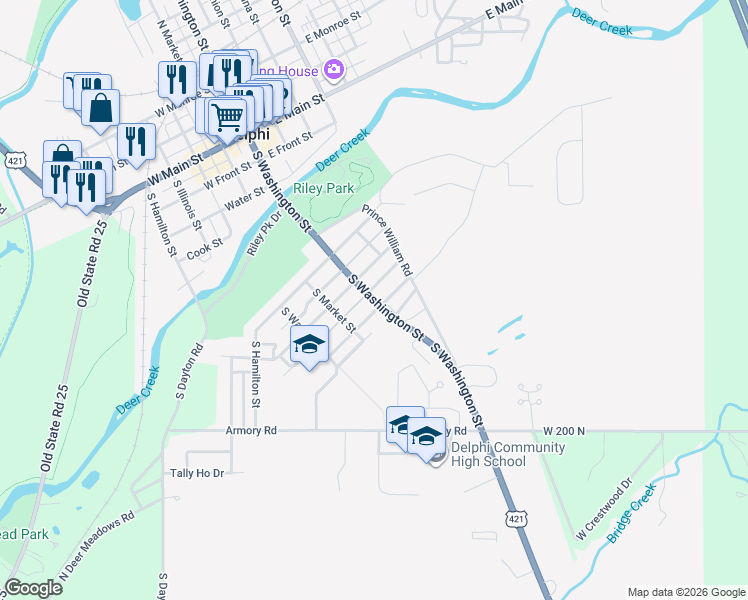 map of restaurants, bars, coffee shops, grocery stores, and more near 913-925 South Washington Street in Delphi