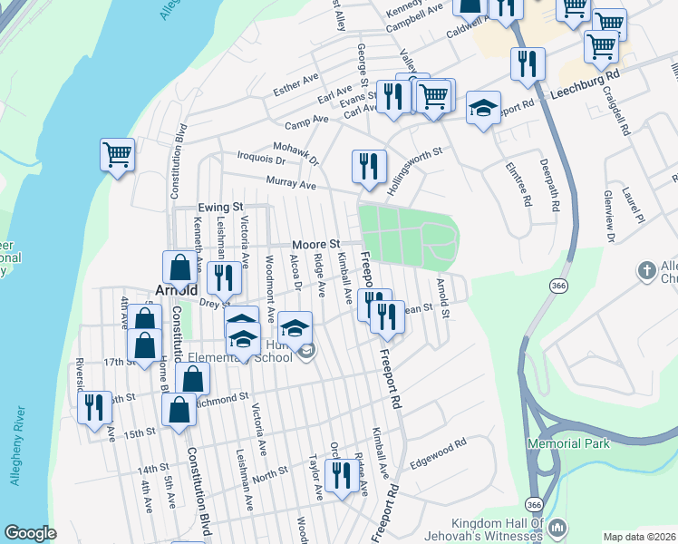 map of restaurants, bars, coffee shops, grocery stores, and more near 1912 Ridge Avenue in New Kensington