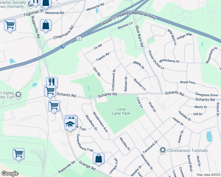 map of restaurants, bars, coffee shops, grocery stores, and more near 10 Cottonwood Street in Allentown
