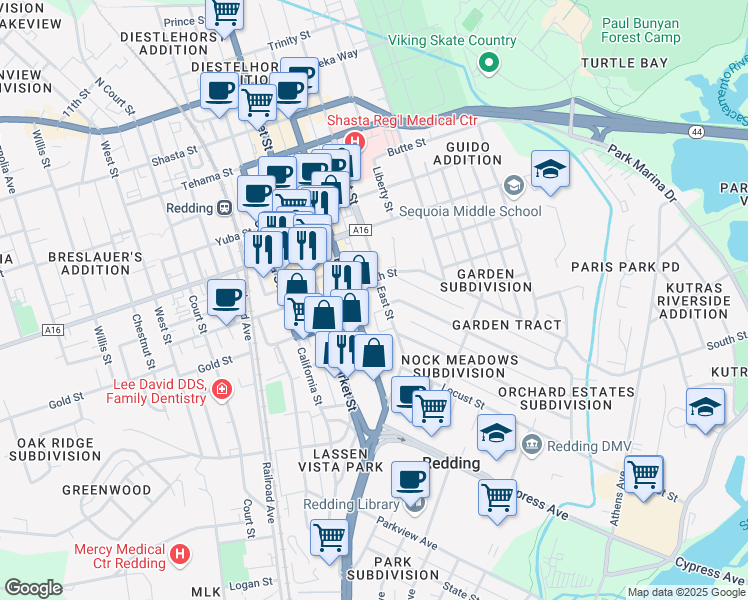 map of restaurants, bars, coffee shops, grocery stores, and more near in Redding