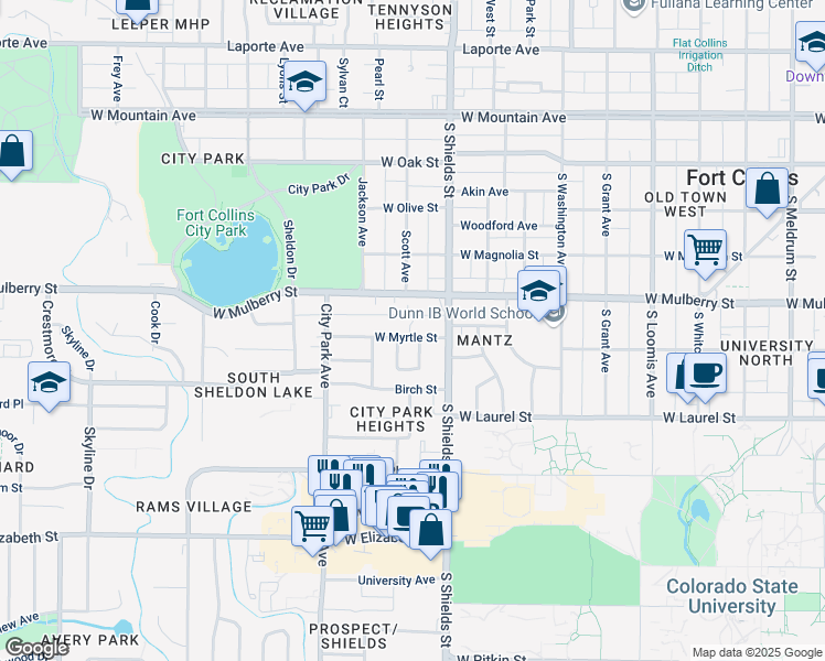map of restaurants, bars, coffee shops, grocery stores, and more near 1134 West Myrtle Street in Fort Collins
