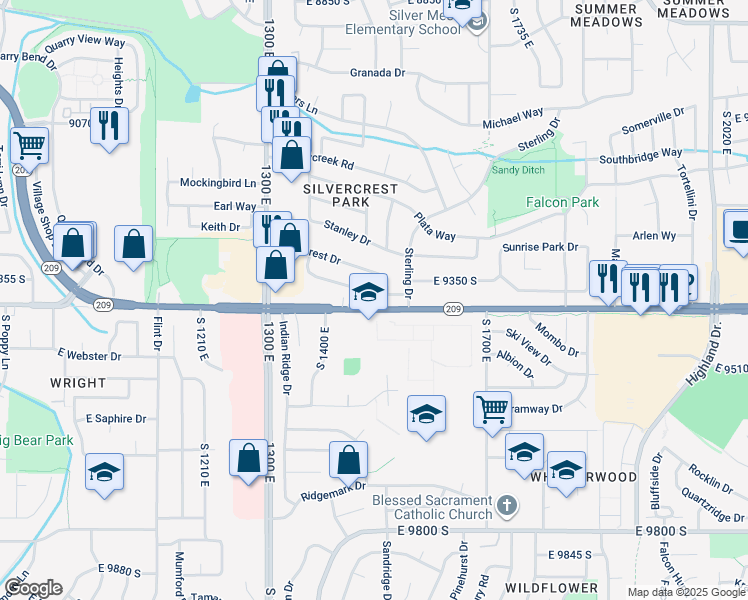map of restaurants, bars, coffee shops, grocery stores, and more near 1492 East Sandy Hills Drive in Sandy