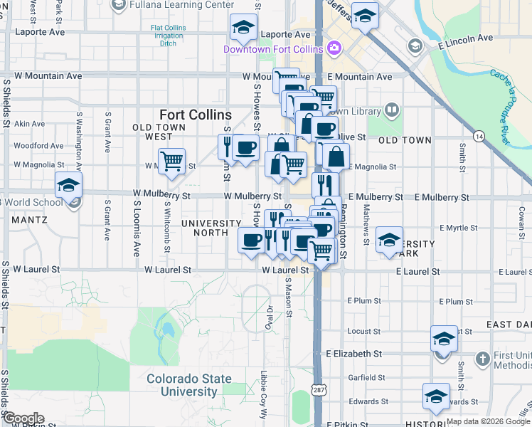 map of restaurants, bars, coffee shops, grocery stores, and more near 209 West Mulberry Street in Fort Collins