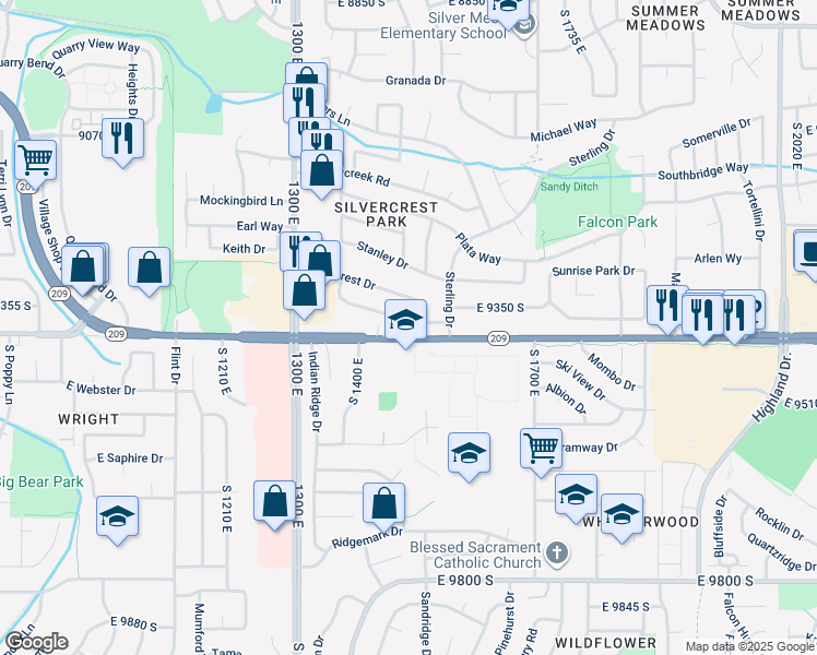 map of restaurants, bars, coffee shops, grocery stores, and more near 1492 East Sandy Hills Drive in Sandy