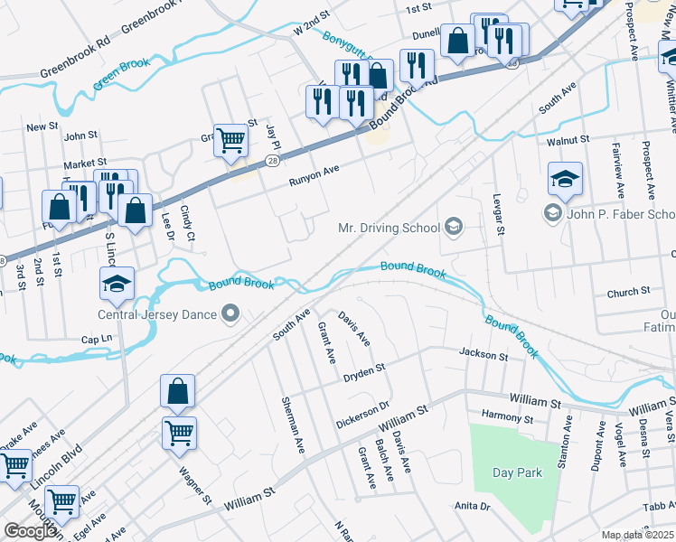 map of restaurants, bars, coffee shops, grocery stores, and more near 739 South Avenue in Piscataway