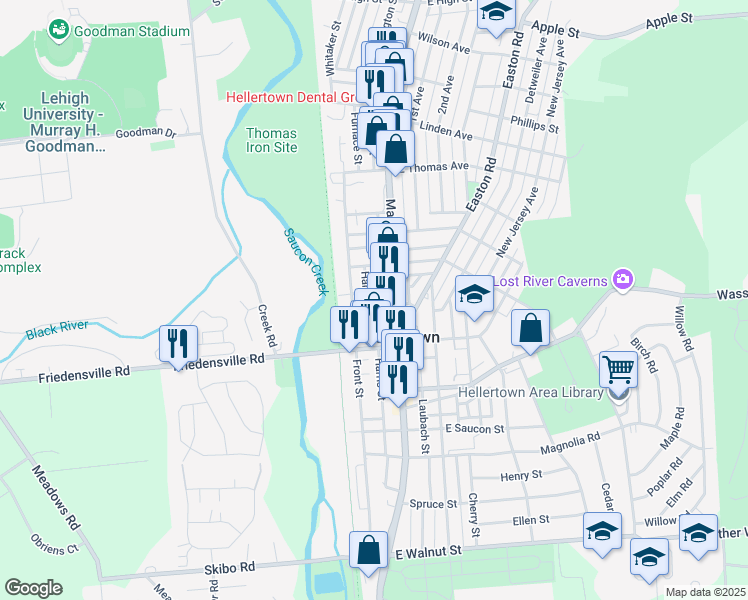 map of restaurants, bars, coffee shops, grocery stores, and more near 36 Hampton Avenue in Hellertown