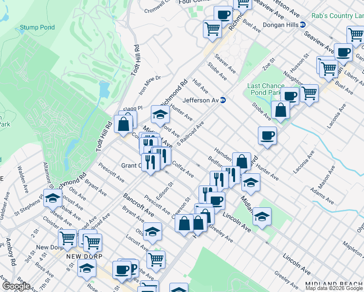 map of restaurants, bars, coffee shops, grocery stores, and more near 115 Bedford Avenue in Staten Island